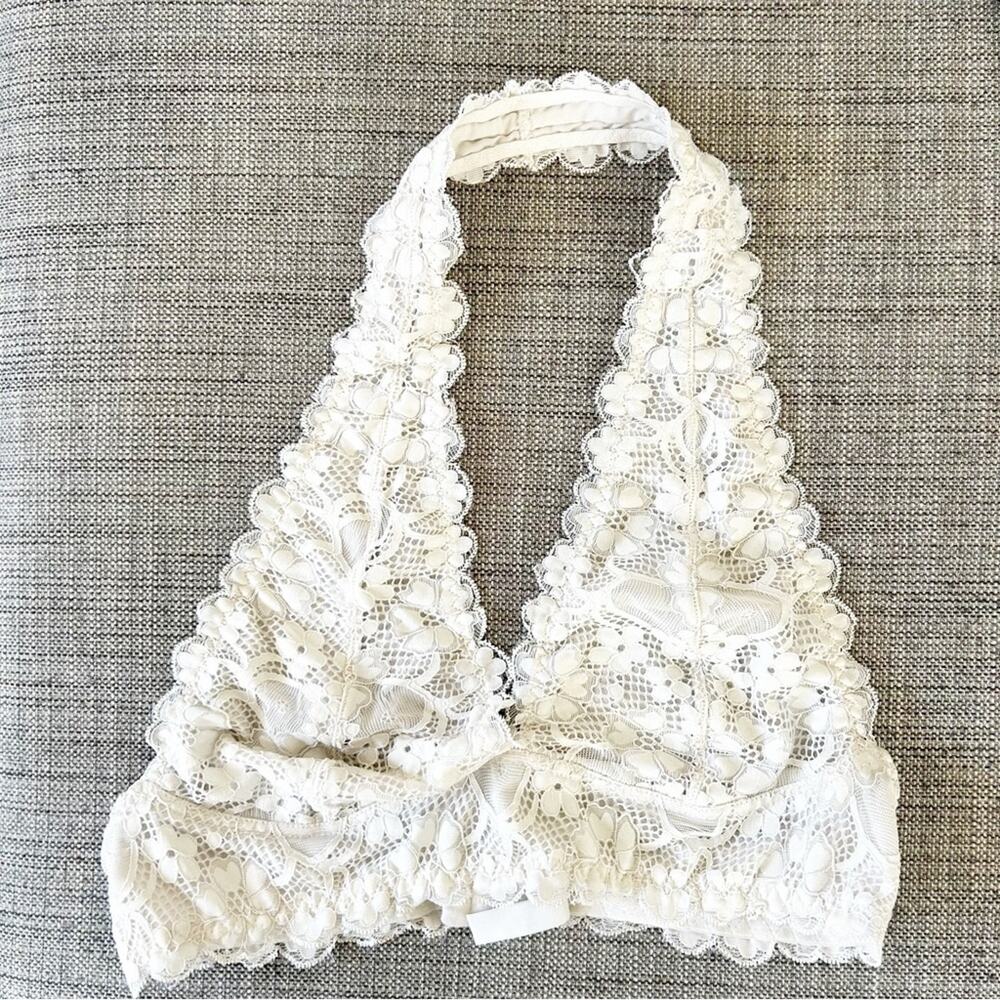 Lace Halter Bralette Floral Scalloped Deep V-Neck Stretch White Size L Large